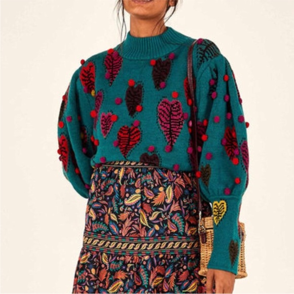 FARM Rio Monstera Hearts Sweater Teal Green size XL - Picture 1 of 11